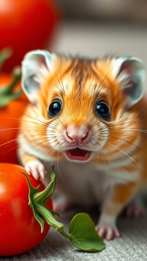 A surprised hamster reacting to a tomato, showcasing its adorable expression.